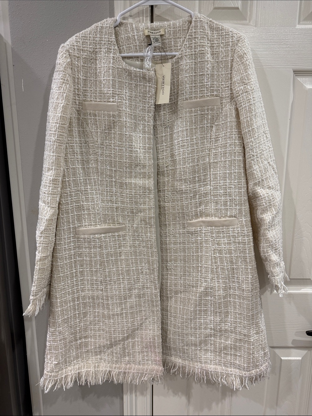 Elegant Cream Tweed Coat - Women’s Long Jacket
